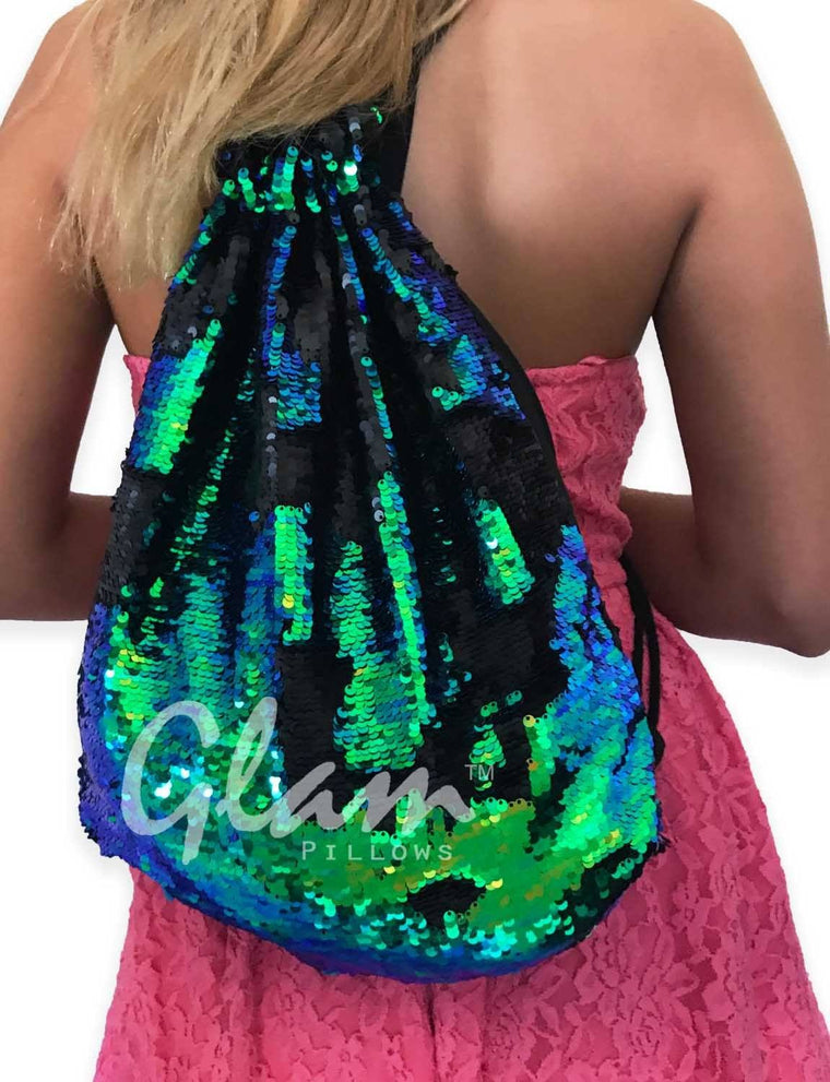 Mermaid Tail & Matte Black Reversible Sequin Drawstring Glam Bag