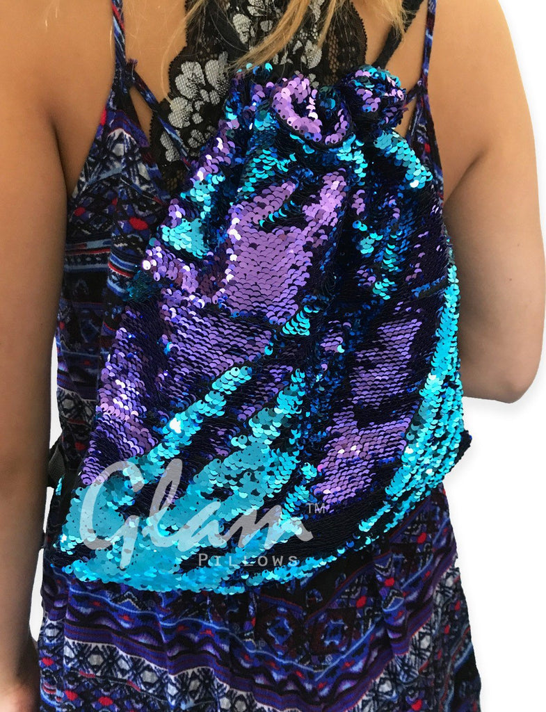 Aqua & Purple Reversible Sequin Drawstring Glam Bag
