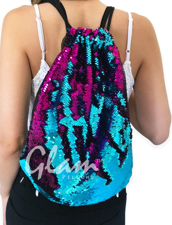 Fuchsia & Aqua Reversible Sequin Drawstring Glam Bag