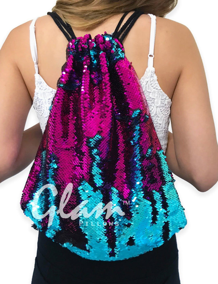 Fuchsia & Aqua Reversible Sequin Drawstring Glam Bag