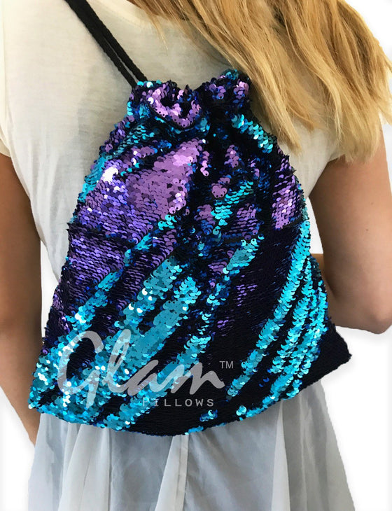Aqua & Purple Reversible Sequin Drawstring Glam Bag