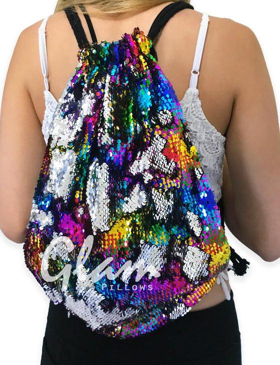 Rainbow & Silver Reversible Sequin Drawstring Glam Bag